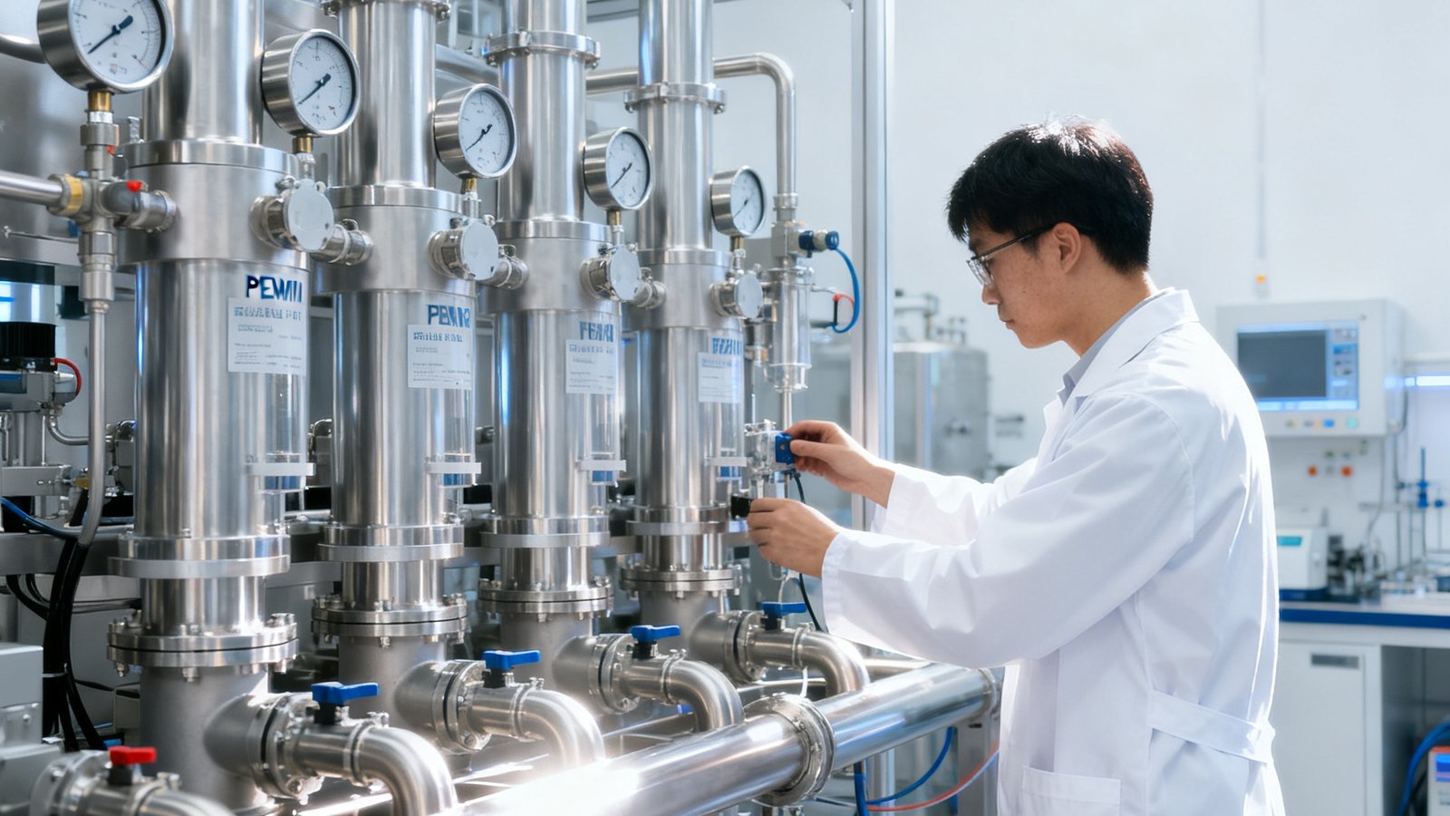 太阳集团tyc无锡氢能研发中心实验室内，穿白色实验服的科研人员正在操作PEM电解水制氢设备，精密仪表与银色管道构成科技感画面