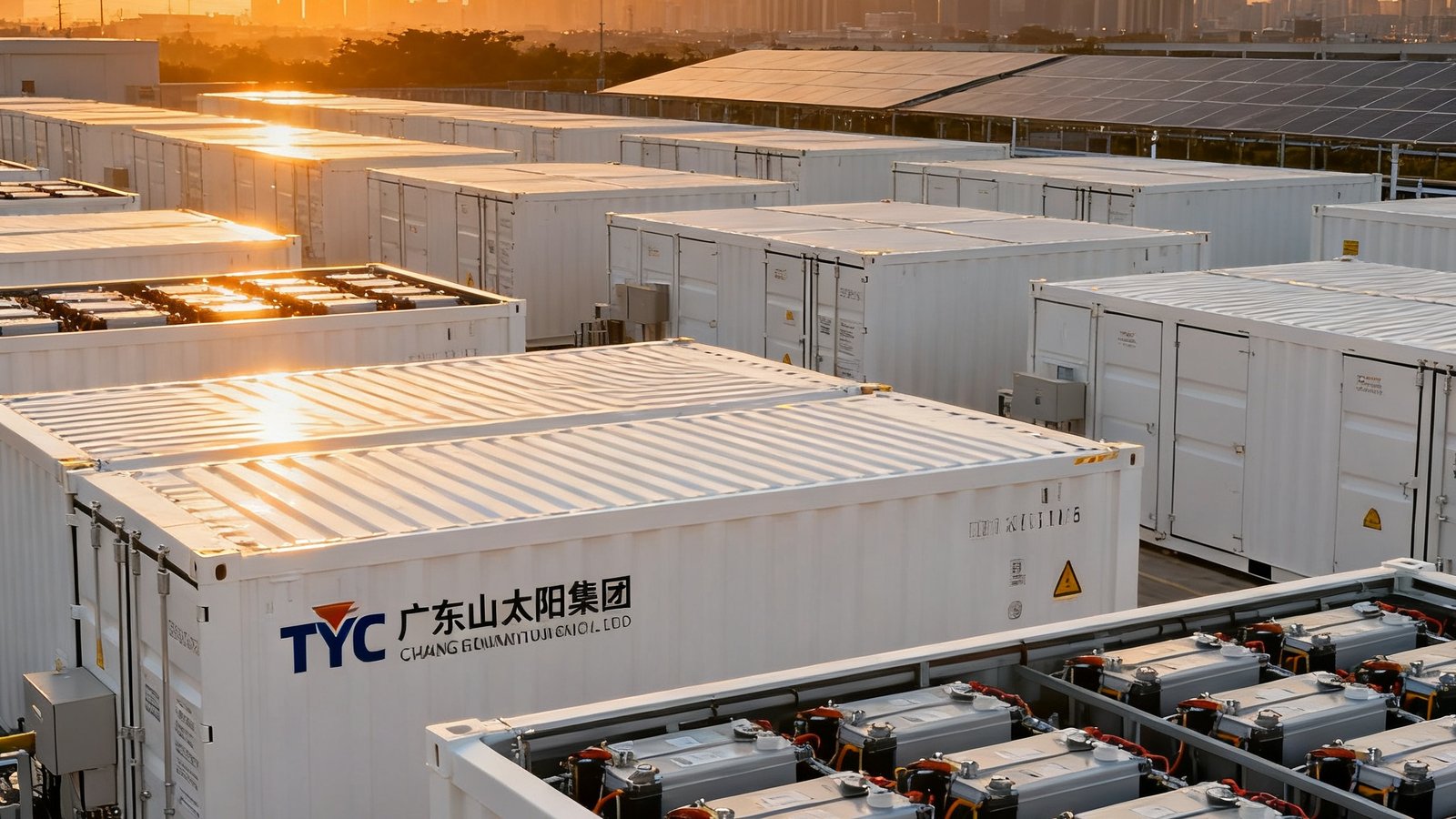 太阳集团tyc在广东佛山部署的集装箱式储能电站，白色电池组箱体在夕阳余晖下整齐排列，远处城市天际线隐约可见，象征清洁能源融入都市